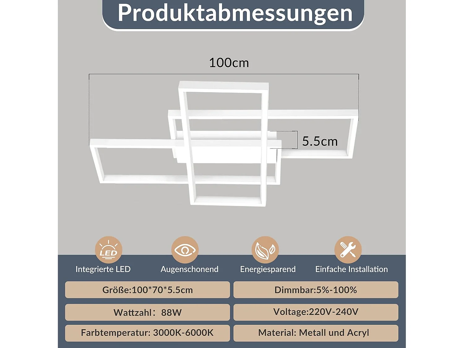 ZMH Plafonnier LED Moderne Rectangulaire 65 cm pour Éclairage Intérieur