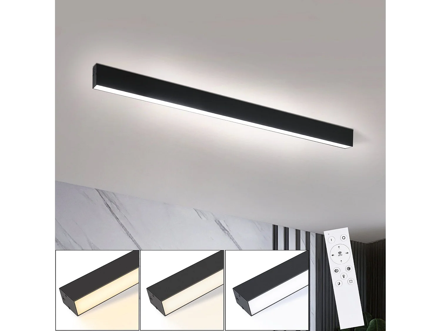 ZMH Plafonnier LED Salon - Lampe 25W Noir Cuisine Long 80cm Panneau de Lampe Intensité Variable avec Télécommande Moderne pour Chambre Couloir