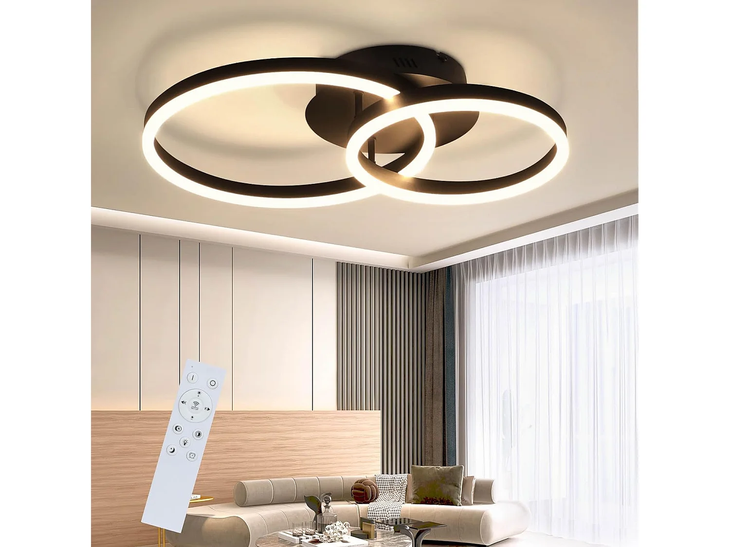 ZMH Plafonnier LED Dimmable 46W Double Anneau Noir Design Moderne D.59cm Pour Salon Bureau Cuisine Chambre