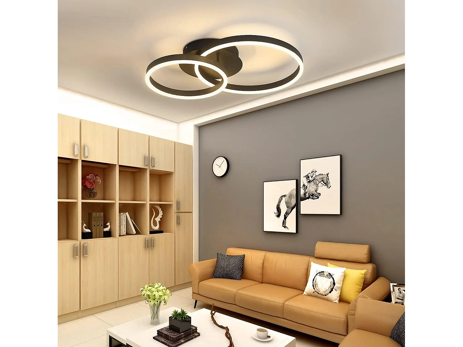 ZMH Plafonnier LED Dimmable 46W Double Anneau Noir Design Moderne D.59cm Pour Salon Bureau Cuisine Chambre
