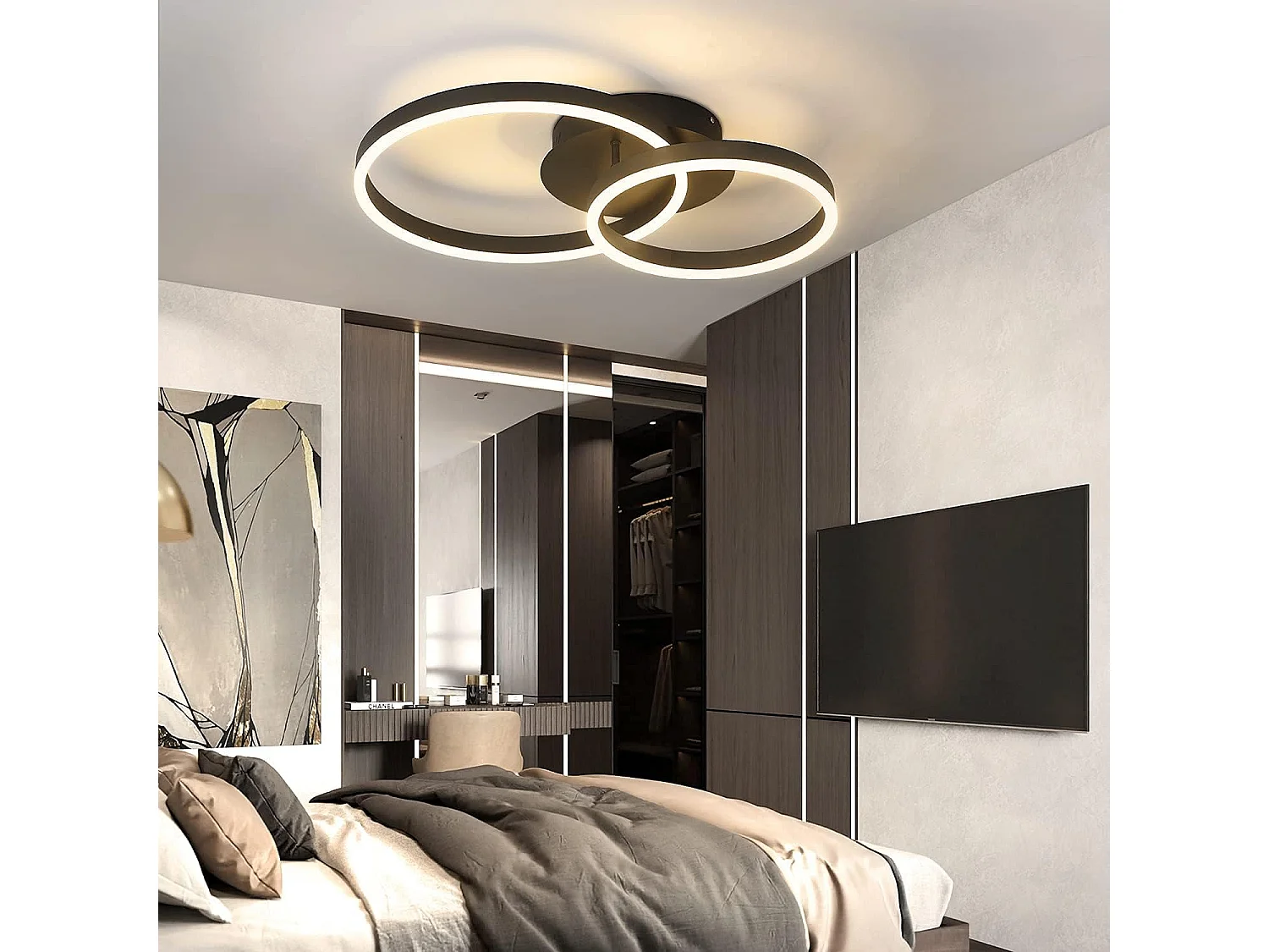 ZMH Plafonnier LED Dimmable 46W Double Anneau Noir Design Moderne D.59cm Pour Salon Bureau Cuisine Chambre