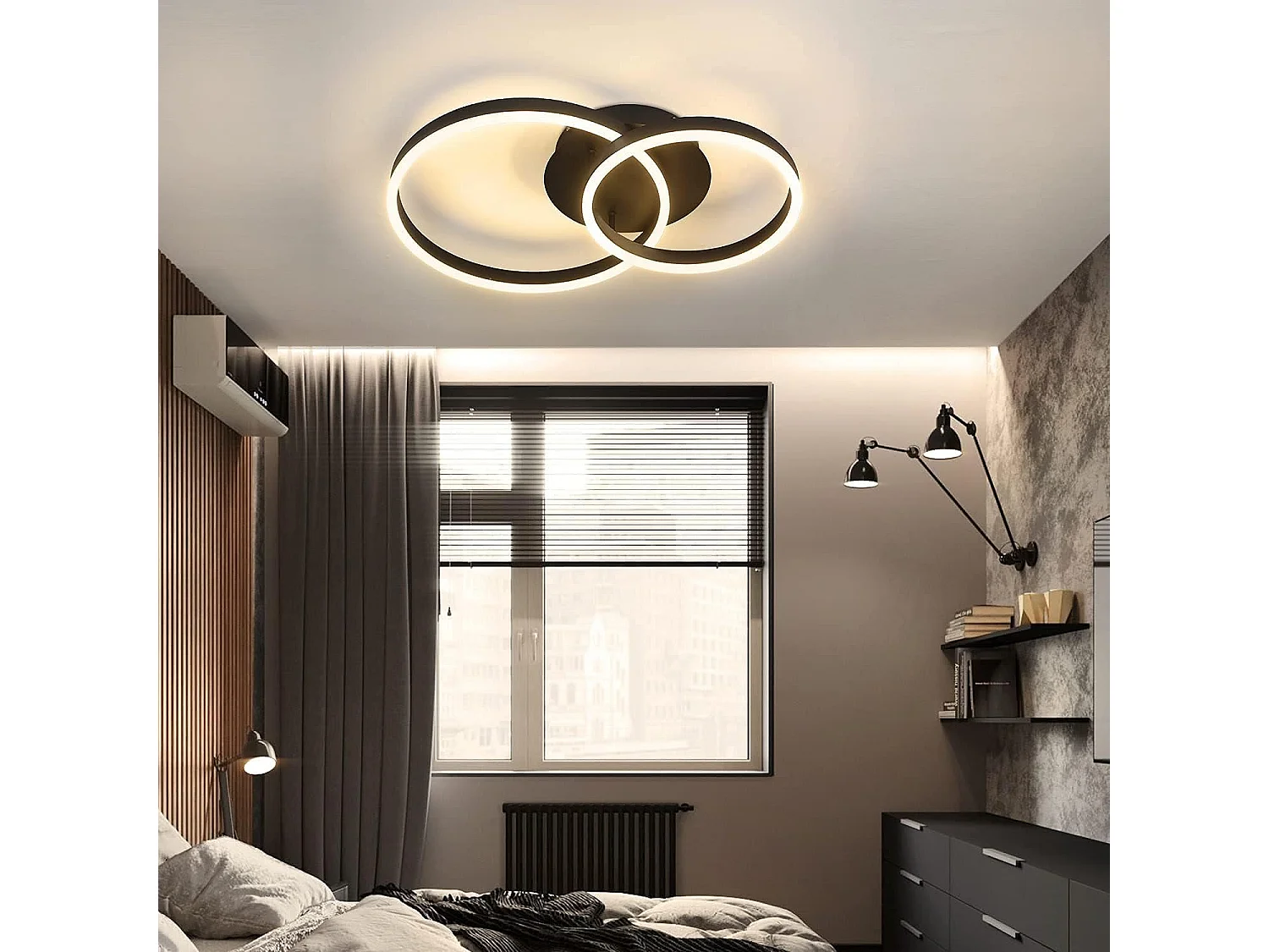 ZMH Plafonnier LED Dimmable 46W Double Anneau Noir Design Moderne D.59cm Pour Salon Bureau Cuisine Chambre