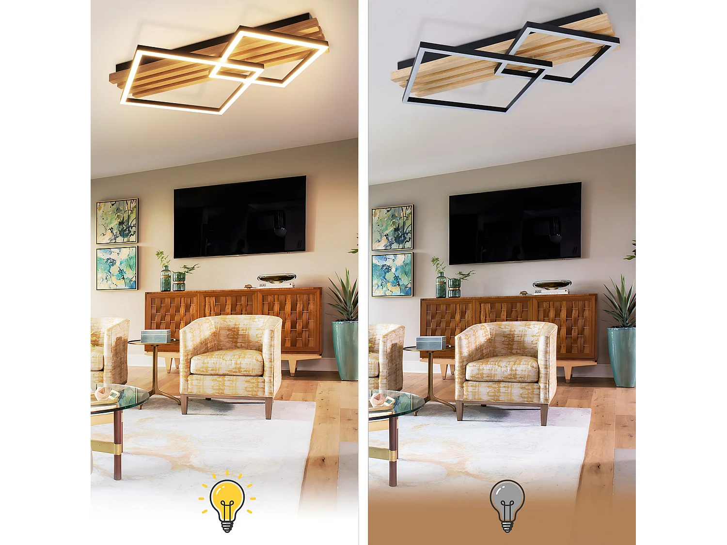 ZMH Plafonnier LED bois dimmable – 55cm, 36W, design carré géométrique, télécommande – pour chambre.