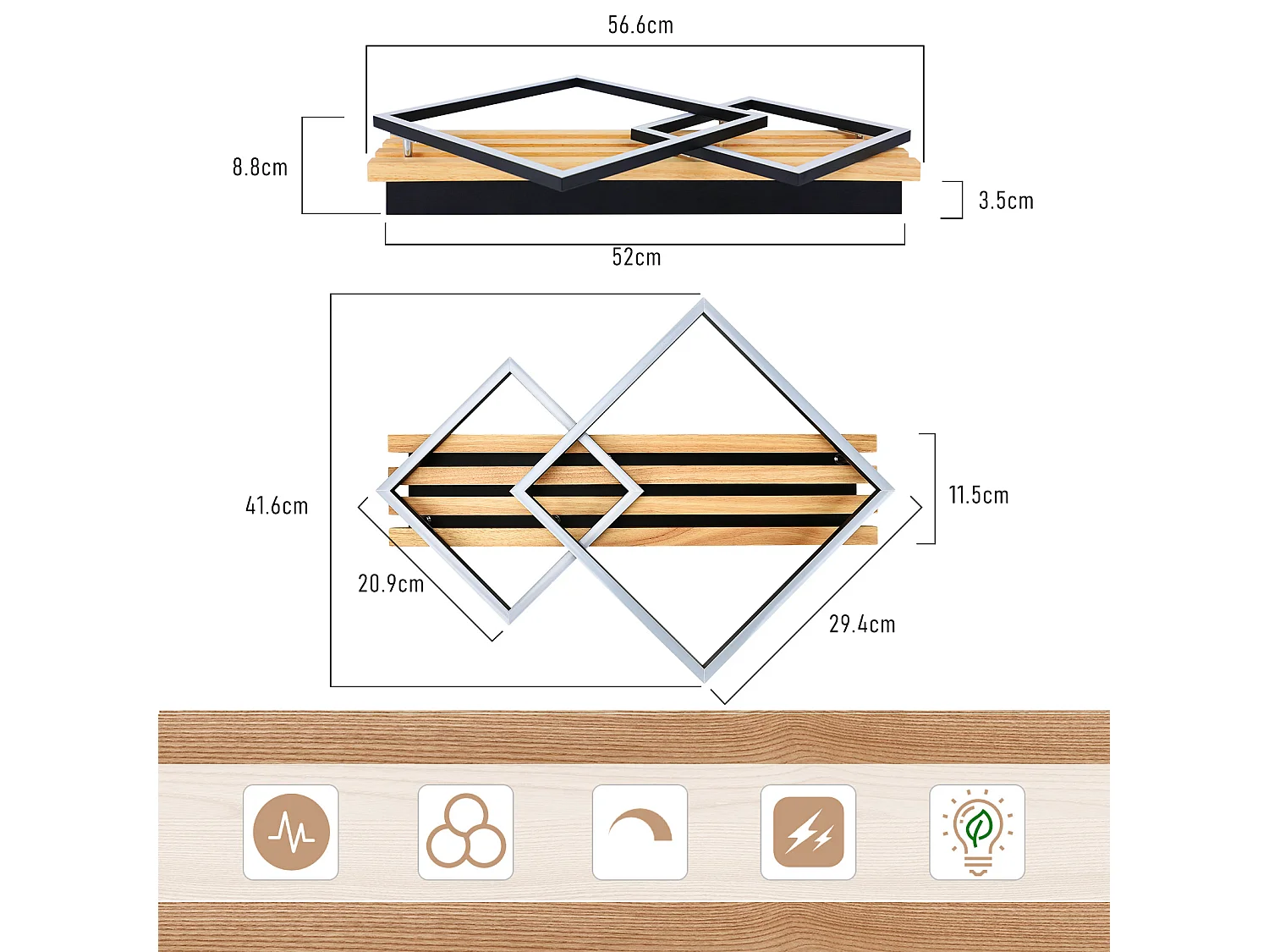 ZMH Plafonnier LED bois dimmable – 55cm, 36W, design carré géométrique, télécommande – pour chambre.