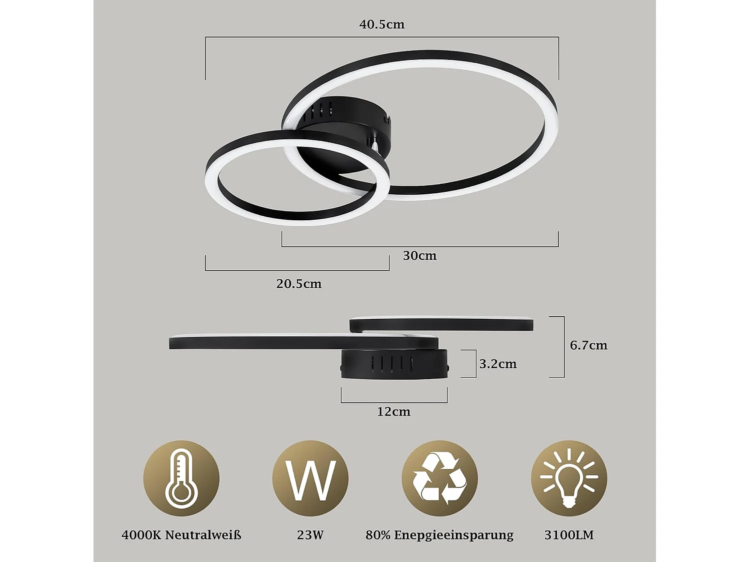 ZMH Plafonnier LED 23W Noir Double Anneau 4000K Design Moderne 40cm Pour Cuisine Chambre Couloir Bureau