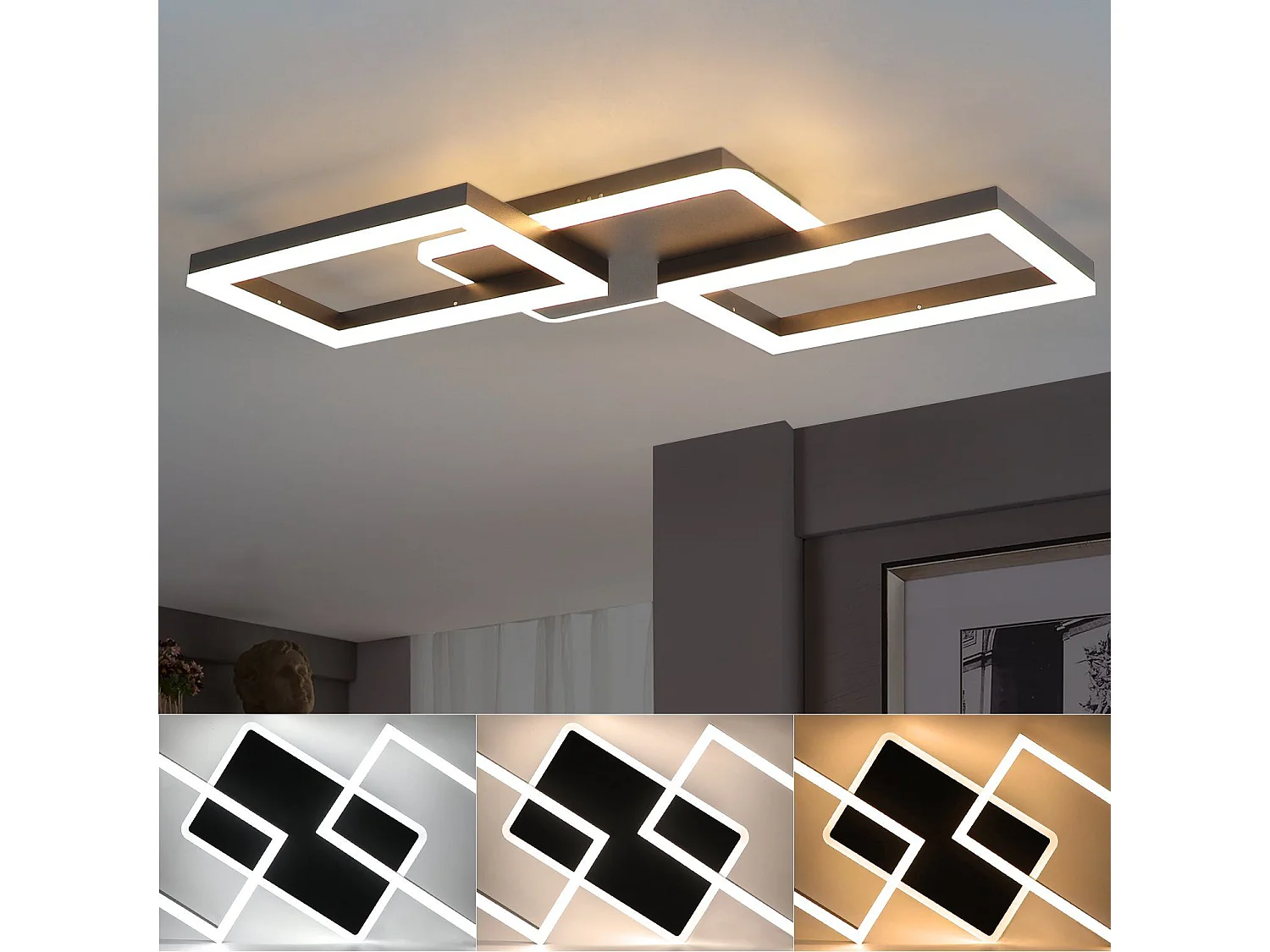 ZMH Plafonnier LED Living 48 W Lampe de Salon Dimmable Lampe Design Moderne Noir avec Télécommande Chambre Cuisine Lampe pour Couloir Bureau