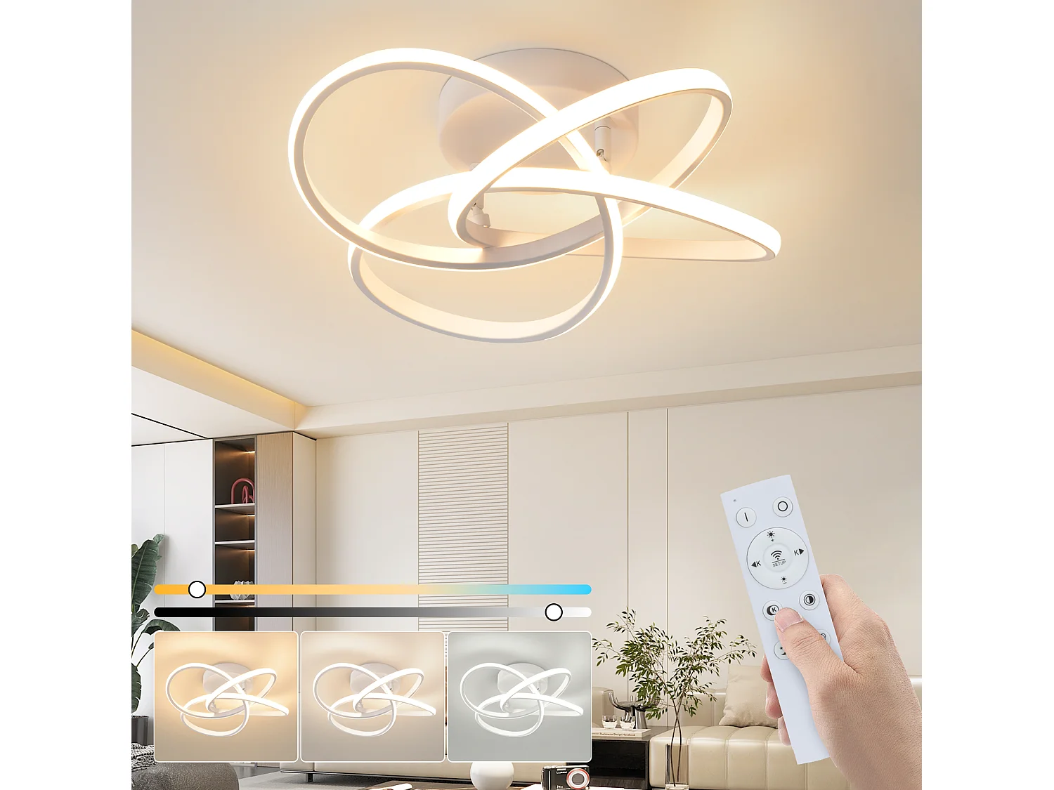 ZMH Plafonnier LED moderne - 46W, dimmable avec télécommande, design fleur à 4 pétales, blanc 45cm