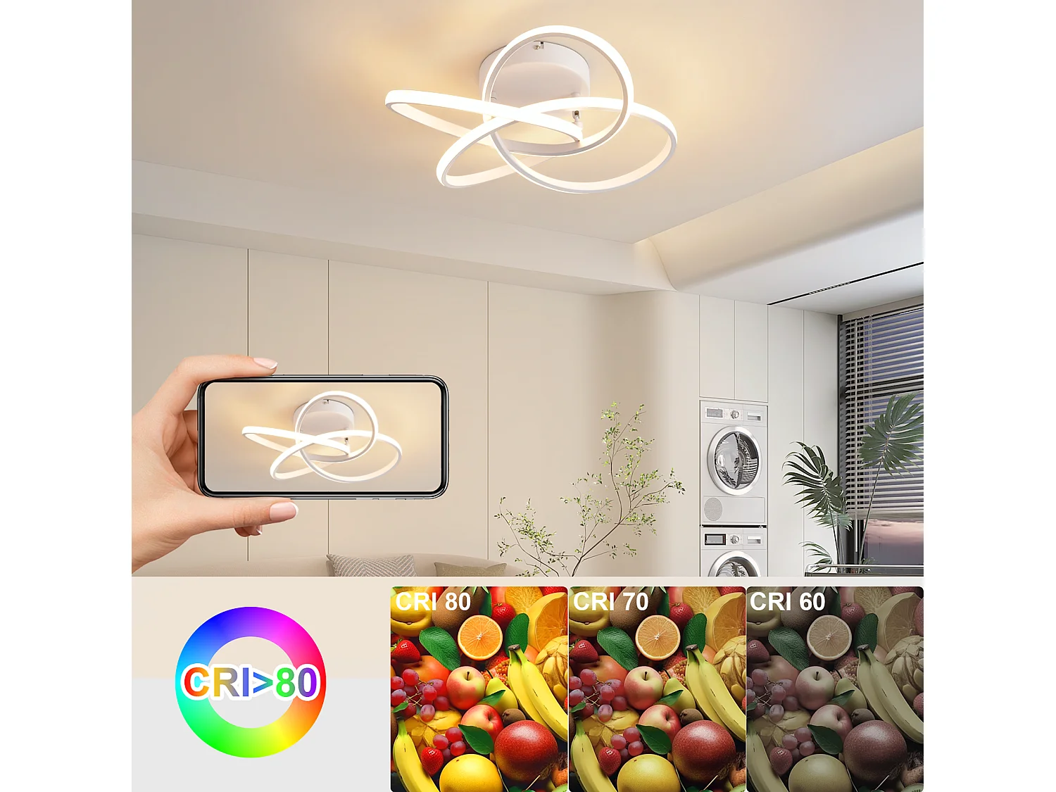 ZMH Plafonnier LED moderne - 46W, dimmable avec télécommande, design fleur à 4 pétales, blanc 45cm