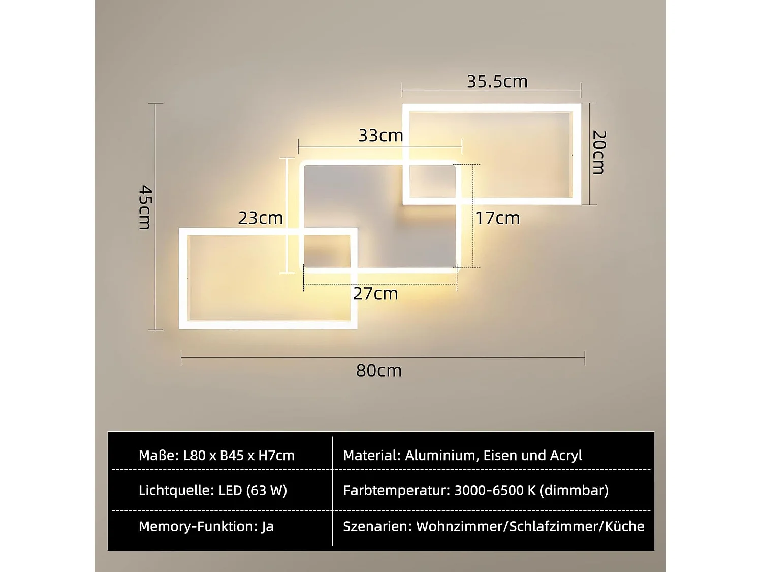 ZMH Plafonnier LED Dimmable 63W Blanc - Grand Métal Moderne avec Télécommande 80cm - Pour Salon Chambre Cuisine Bureau