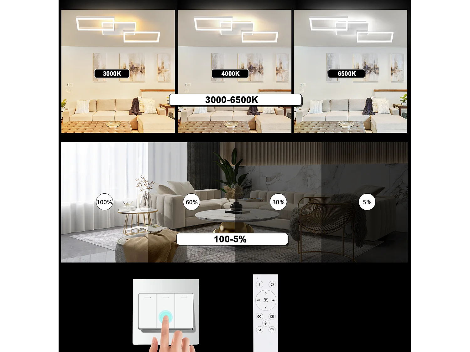 ZMH Plafonnier LED moderne 80 cm - Blanc, dimmable, télécommande (63W)