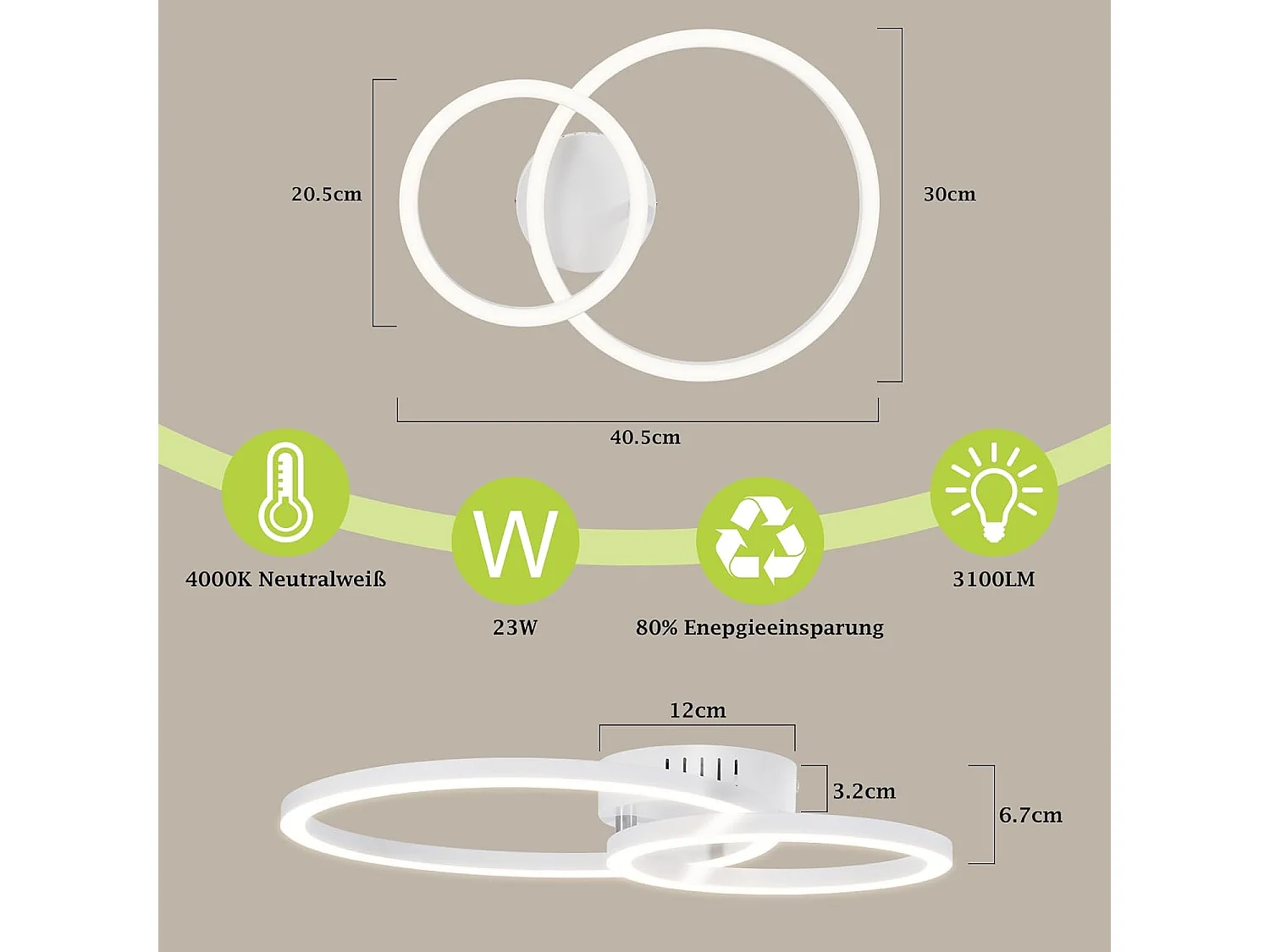 ZMH Plafonnier LED 23W Blanc Double Anneau 4000K Design Moderne 40cm Pour Cuisine Chambre Couloir Bureau