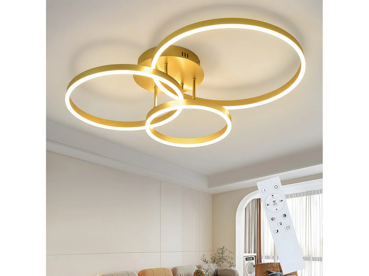 ZMH Plafonnier LED dimmable 74W moderne doré avec télécommande pour chambre salon salle à manger
