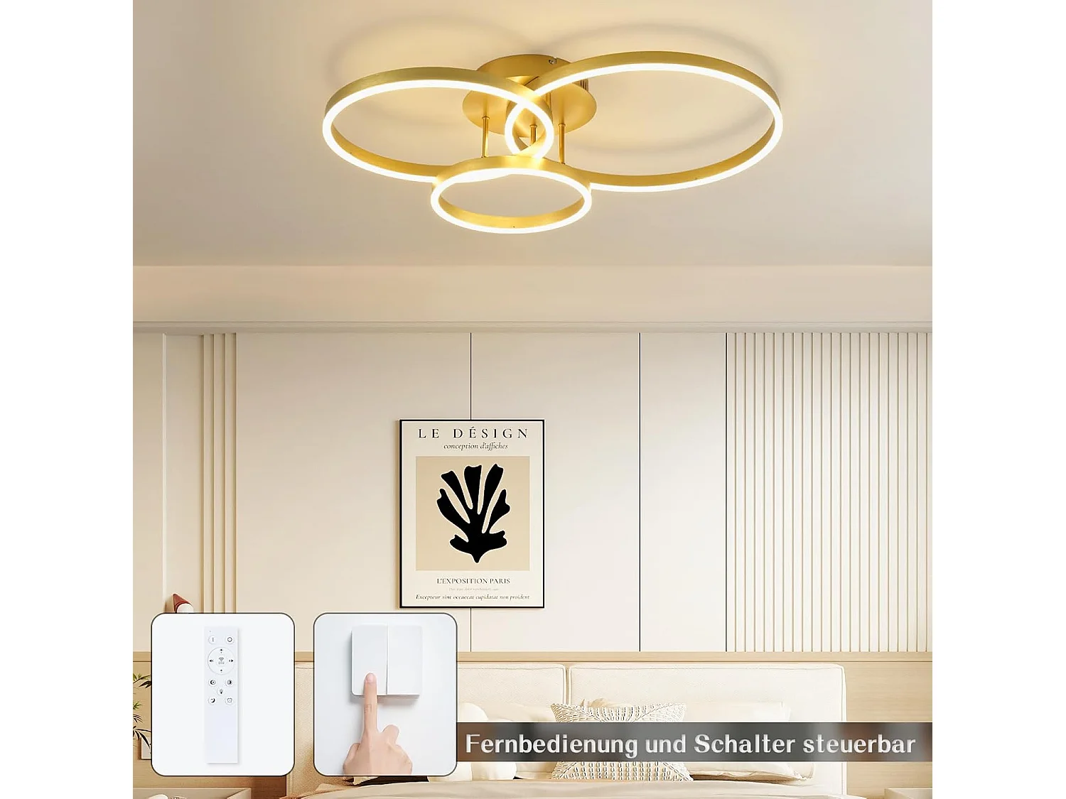 ZMH Plafonnier LED dimmable 74W moderne doré avec télécommande pour chambre salon salle à manger