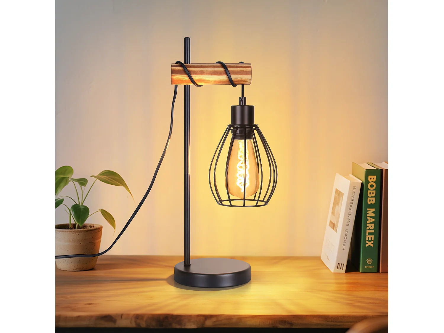 ZMH Lampe De Table Vintage En Bois Noir - Style Industriel, Douille E27 Métal  (ampoule Non Incluse)