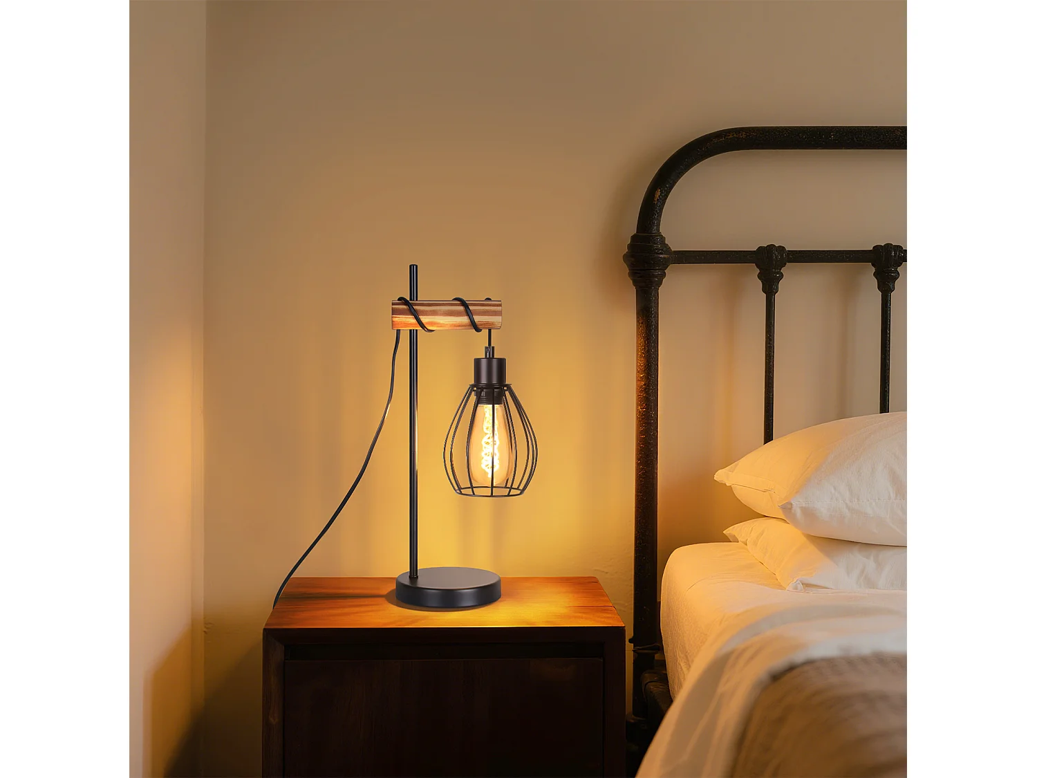 ZMH Lampe De Table Vintage En Bois Noir - Style Industriel, Douille E27 Métal  (ampoule Non Incluse)