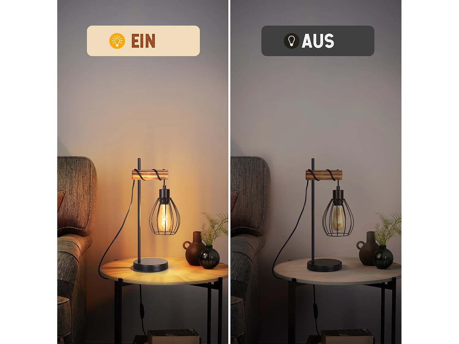 ZMH Lampe De Table Vintage En Bois Noir - Style Industriel, Douille E27 Métal  (ampoule Non Incluse)