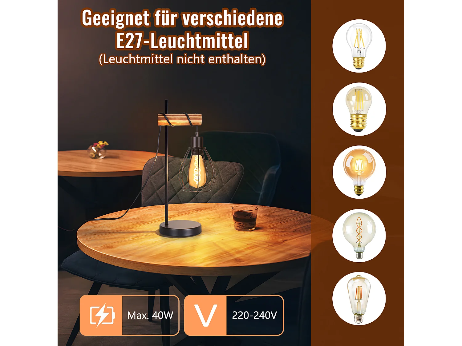 ZMH Lampe De Table Vintage En Bois Noir - Style Industriel, Douille E27 Métal  (ampoule Non Incluse)