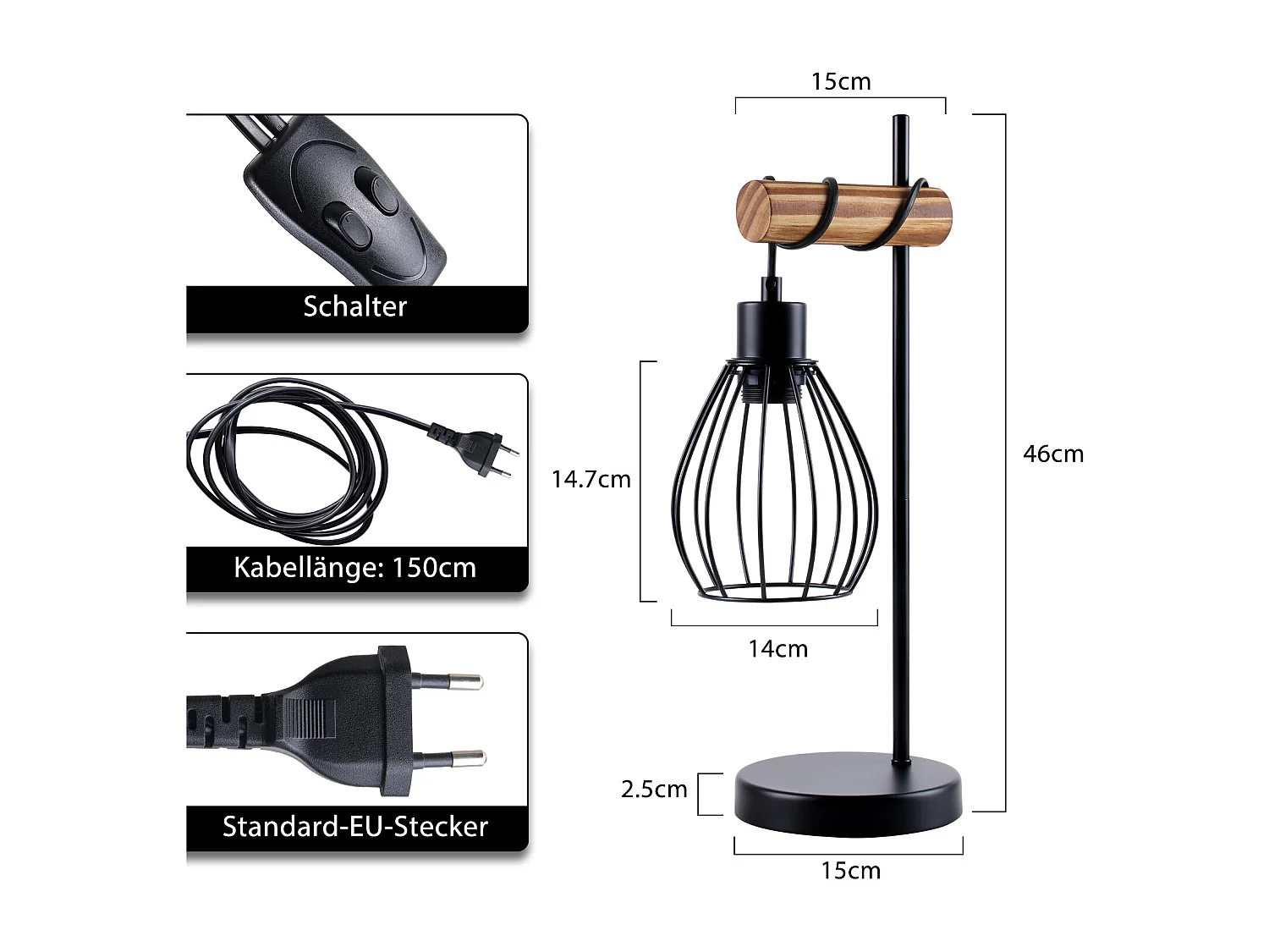 ZMH Lampe De Table Vintage En Bois Noir - Style Industriel, Douille E27 Métal  (ampoule Non Incluse)