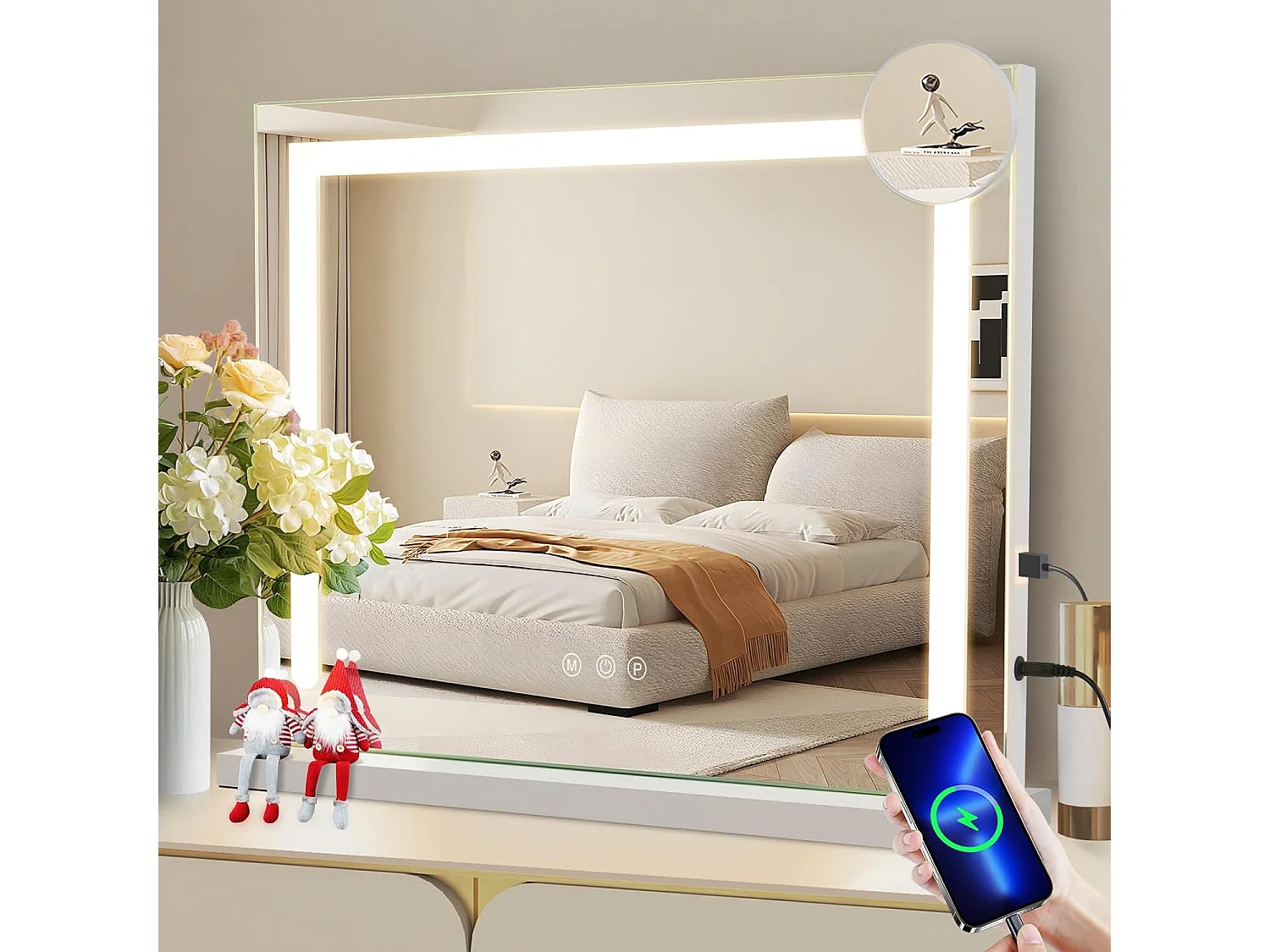ZMH Miroir De Maquillage Éclairé 50x40cm Avec 3 Modes De Lumière Colorée Et Intensité Variable