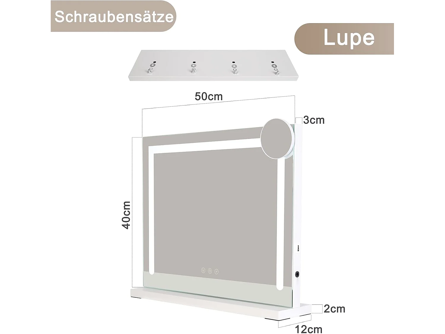 ZMH Miroir De Maquillage Éclairé 50x40cm Avec 3 Modes De Lumière Colorée Et Intensité Variable