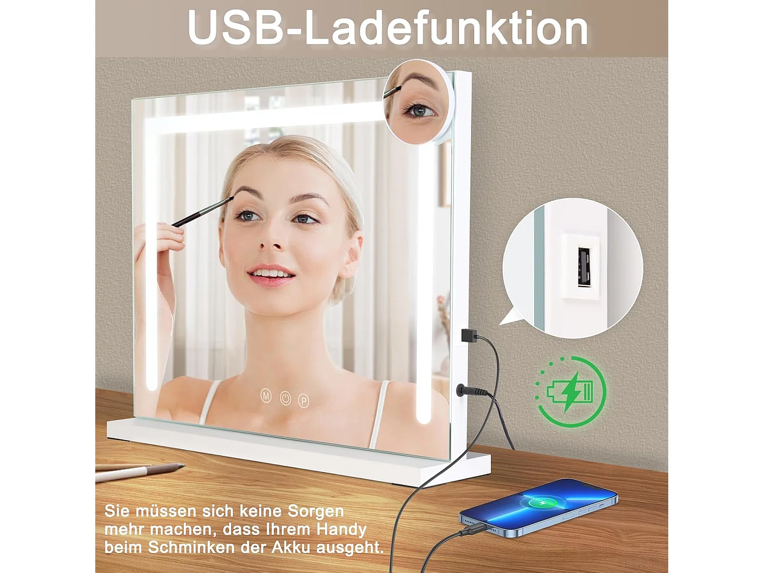 ZMH Miroir De Maquillage Éclairé 50x40cm Avec 3 Modes De Lumière Colorée Et Intensité Variable