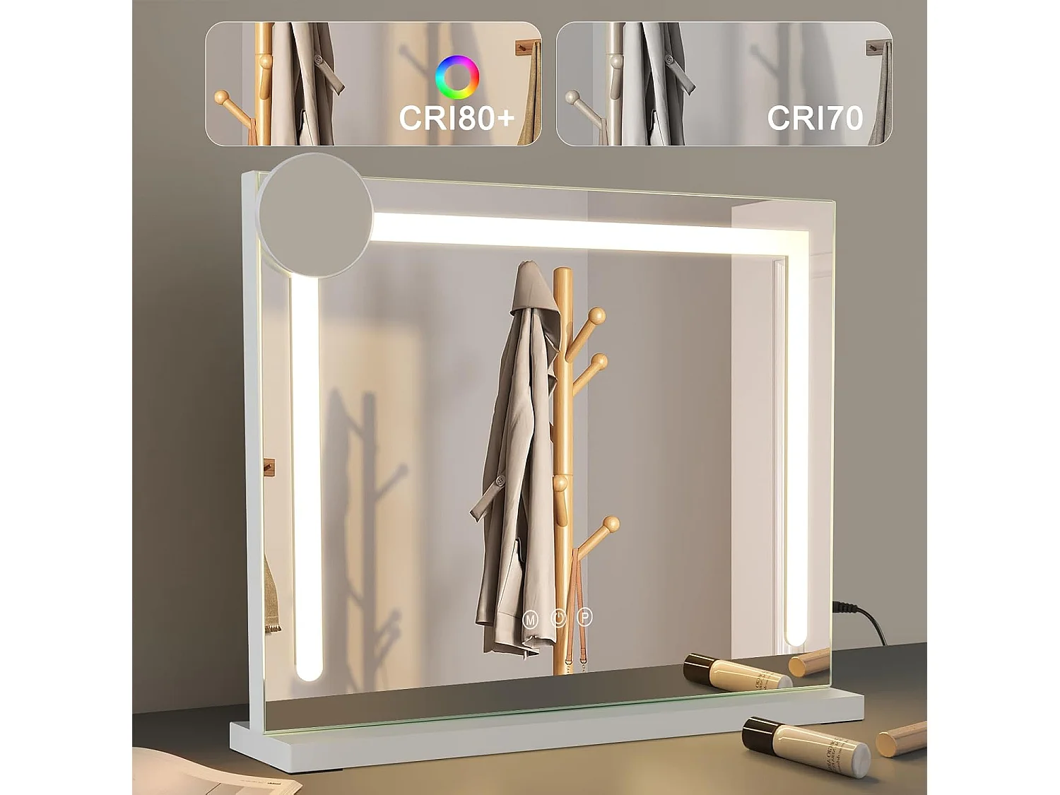 ZMH Miroir De Maquillage Éclairé 50x40cm Avec 3 Modes De Lumière Colorée Et Intensité Variable