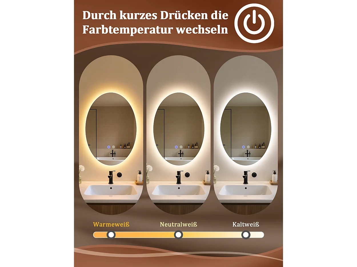 ZMH Miroir de salle de bain ovale LED 50x70cm mural IP44 interrupteur tactile antibuée dimmable 3000K-6500K