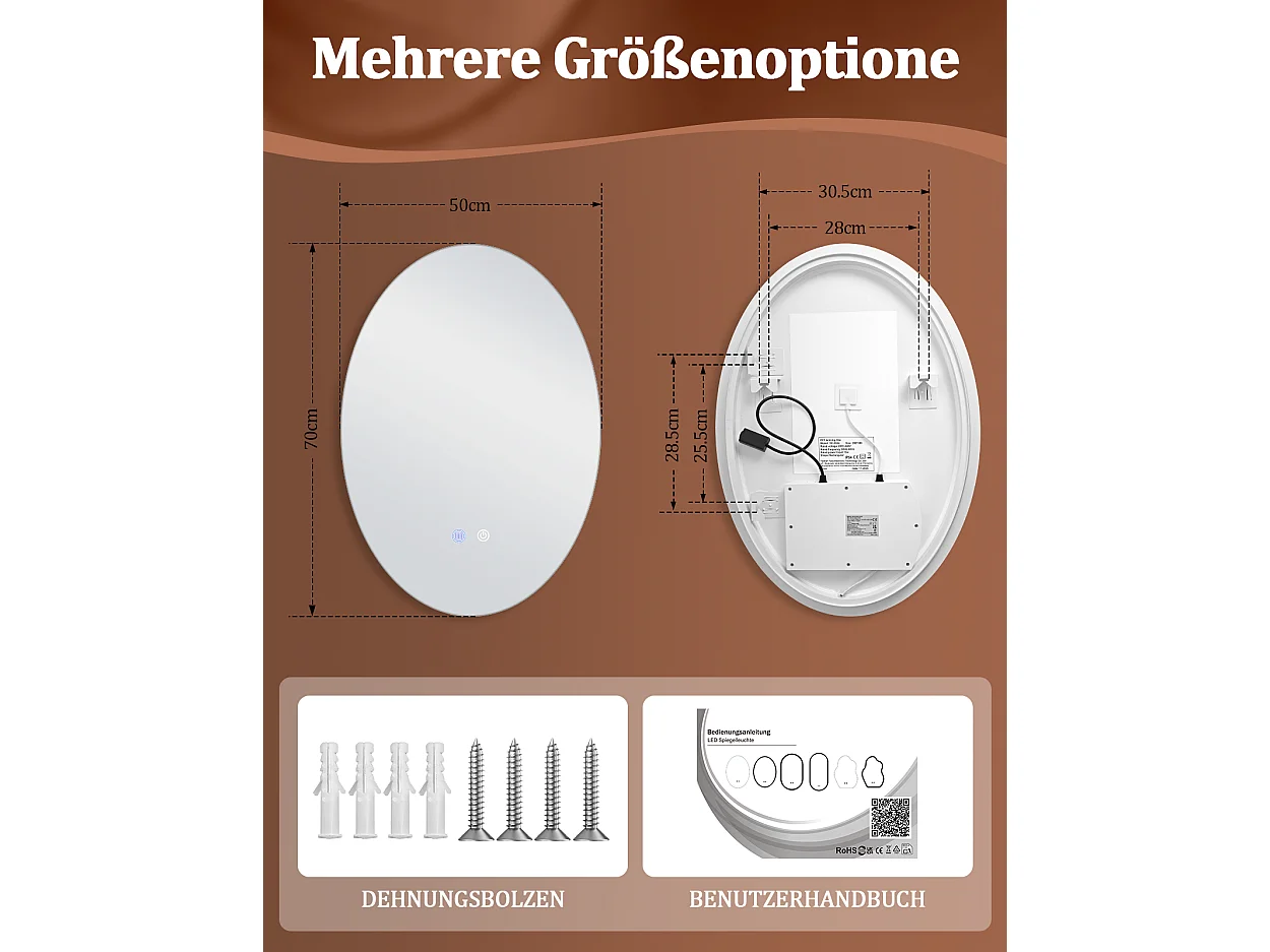 ZMH Miroir de salle de bain ovale LED 50x70cm mural IP44 interrupteur tactile antibuée dimmable 3000K-6500K