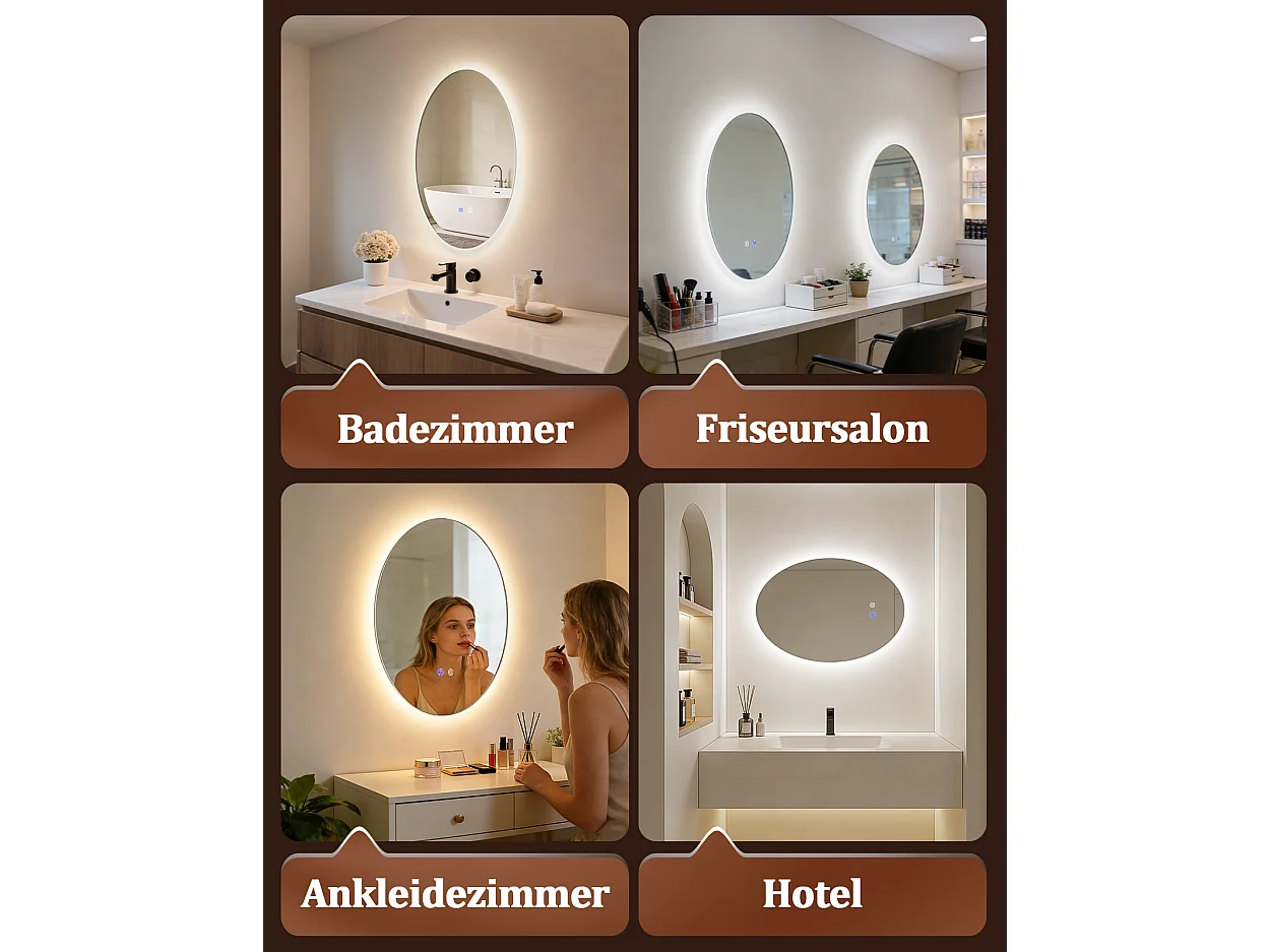 ZMH Miroir de salle de bain ovale LED 50x70cm mural IP44 interrupteur tactile antibuée dimmable 3000K-6500K