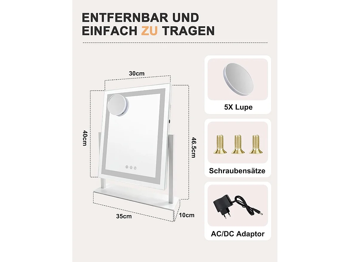 ZMH Miroir De Maquillage Hollywood 30×40Cm Avec 3 Modes D'éclairage Tactile