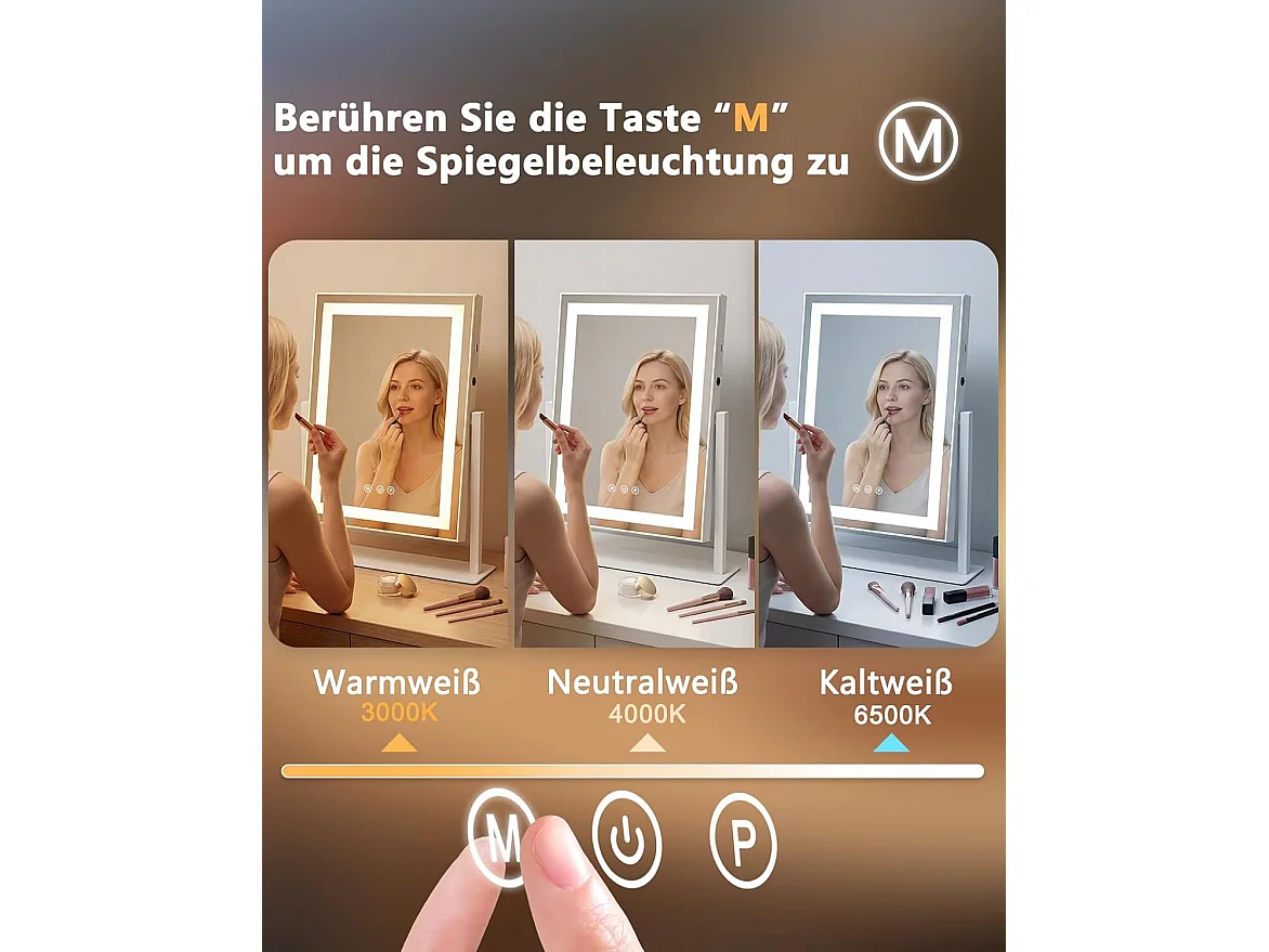 ZMH Miroir De Maquillage Hollywood 30×40Cm Avec 3 Modes D'éclairage Tactile