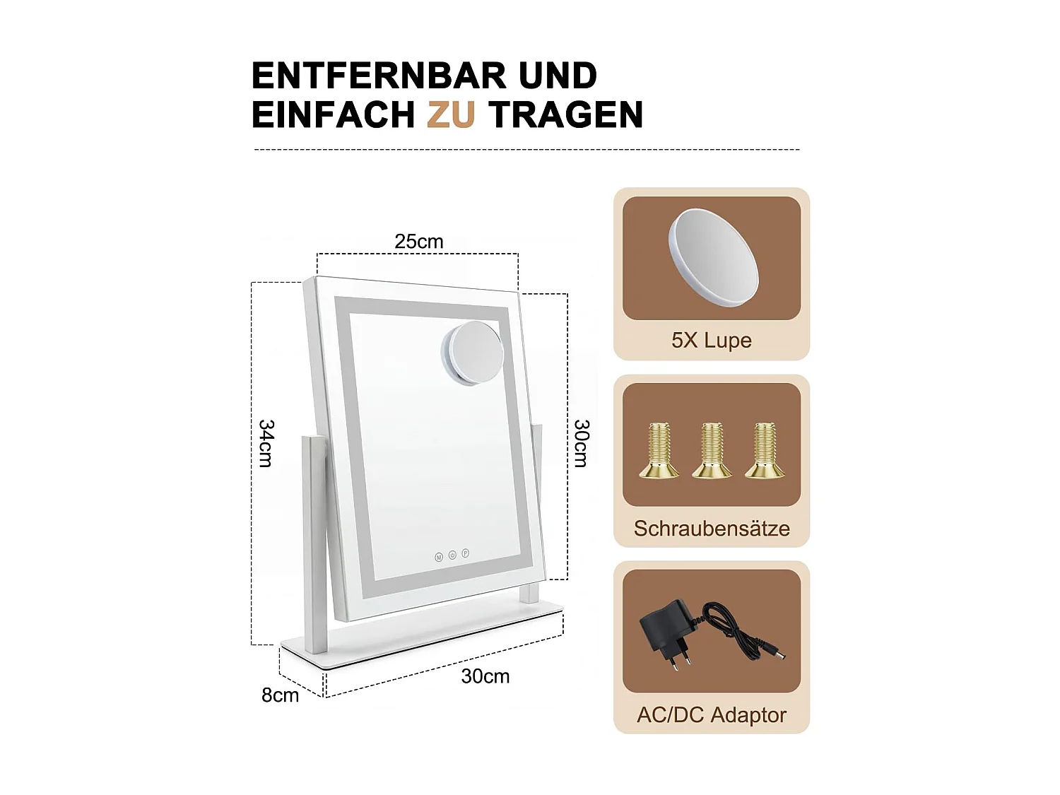 ZMH Miroir De Maquillage LED 25×30Cm 3 Modes D'éclairage Miroir Tactile à Intensité Variable