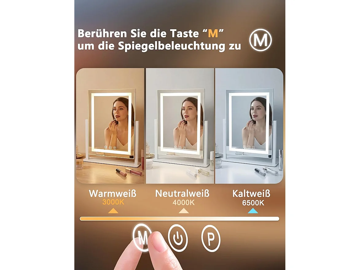 ZMH Miroir De Maquillage LED 25×30Cm 3 Modes D'éclairage Miroir Tactile à Intensité Variable