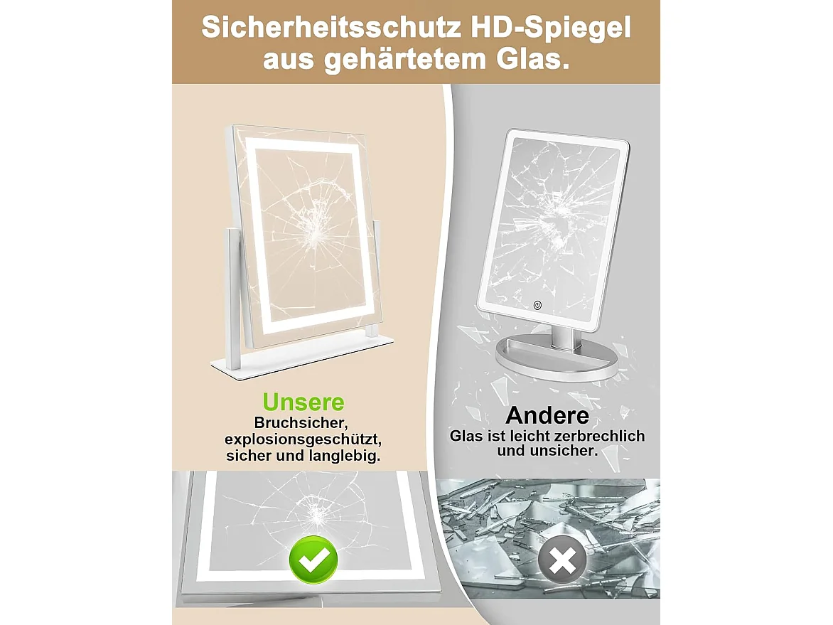 ZMH Miroir De Maquillage LED 25×30Cm 3 Modes D'éclairage Miroir Tactile à Intensité Variable