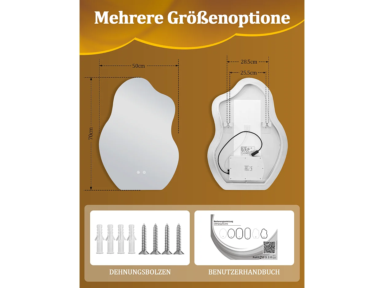 ZMH Miroir de salle de bain LED asymétrique 50x70cm IP44 interrupteur tactile antibuée fonction dimmable 3000K-6500K mural