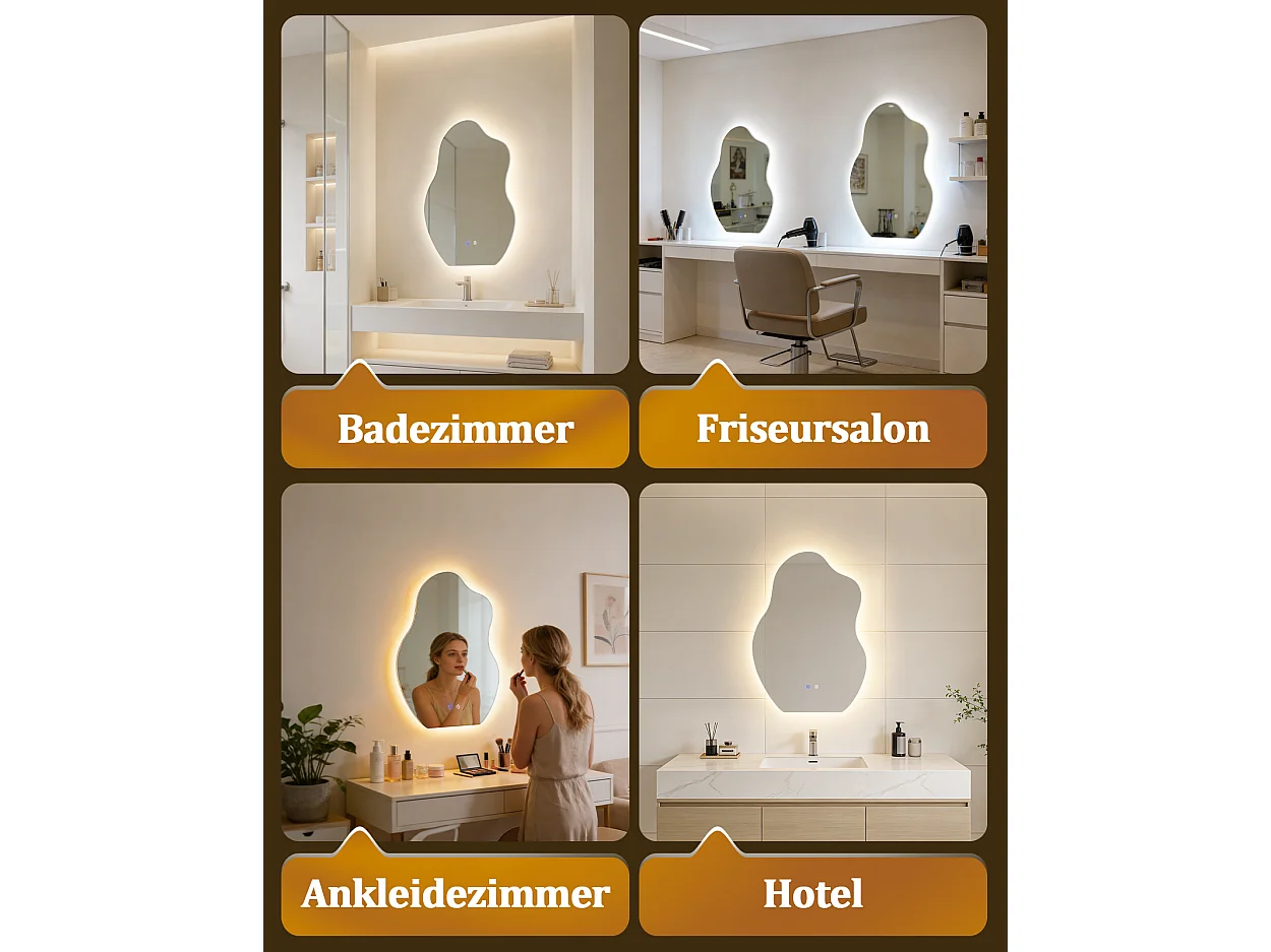 ZMH Miroir de salle de bain LED asymétrique 50x70cm IP44 interrupteur tactile antibuée fonction dimmable 3000K-6500K mural
