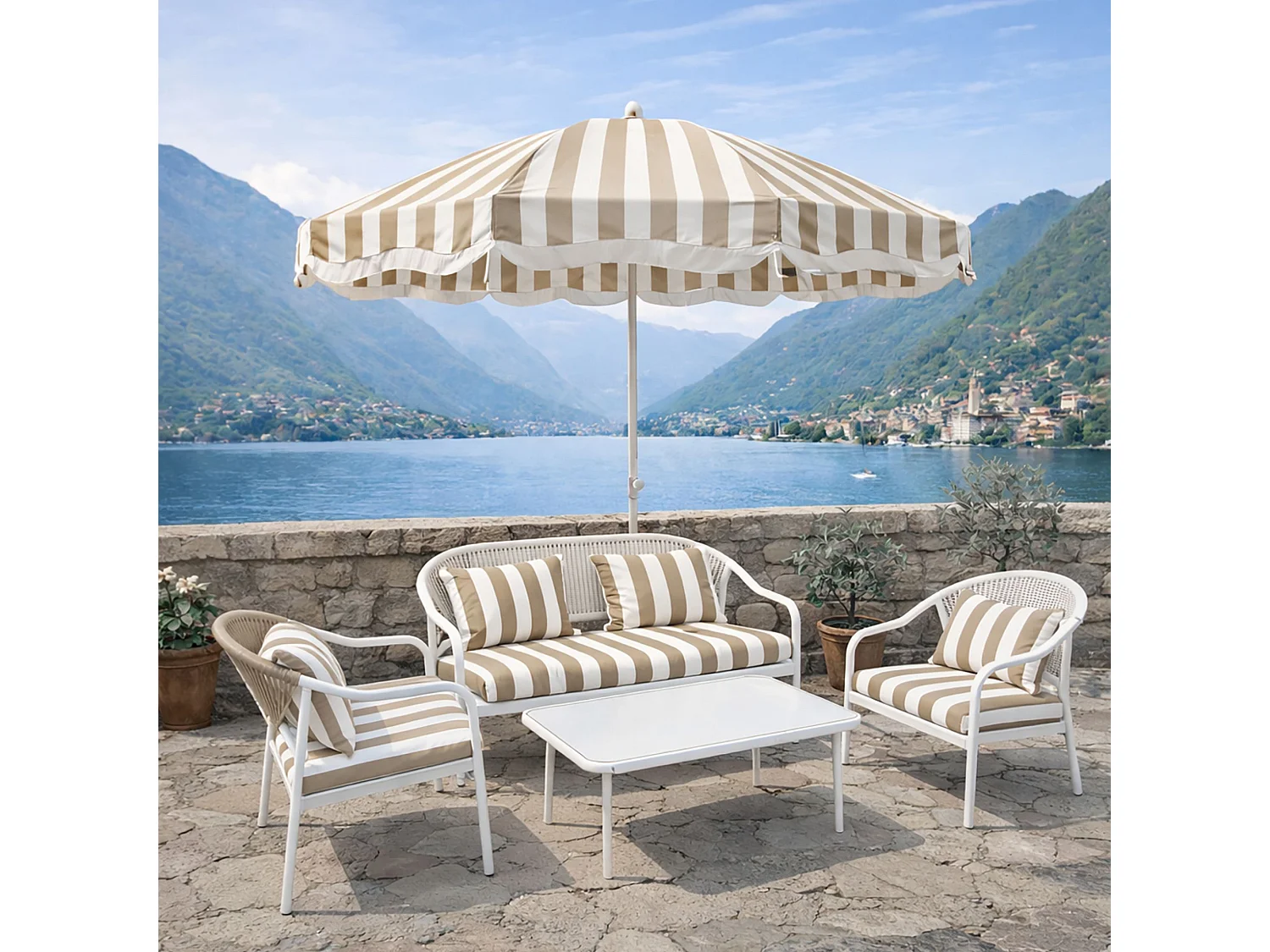 Now's Home - Ensemble Salon  Jardin En Acier  Avec Parasol Blanc Et Taupe Positano