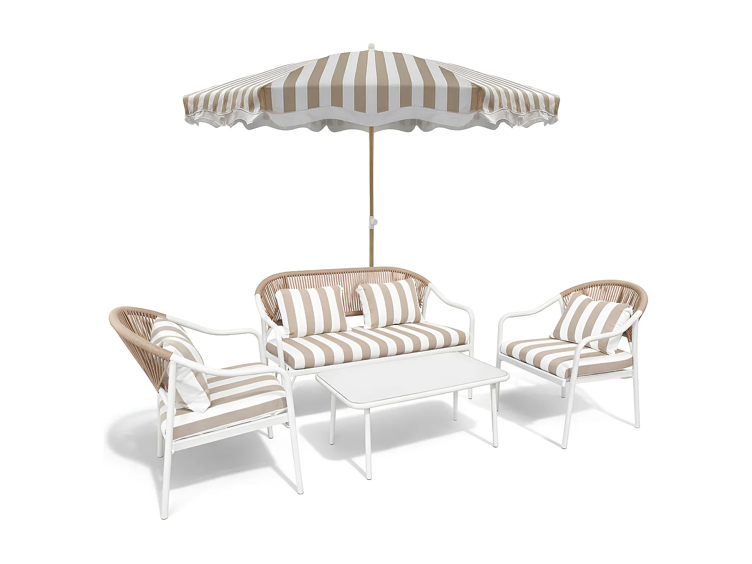 Now's Home - Ensemble Salon  Jardin En Acier  Avec Parasol Blanc Et Taupe Positano