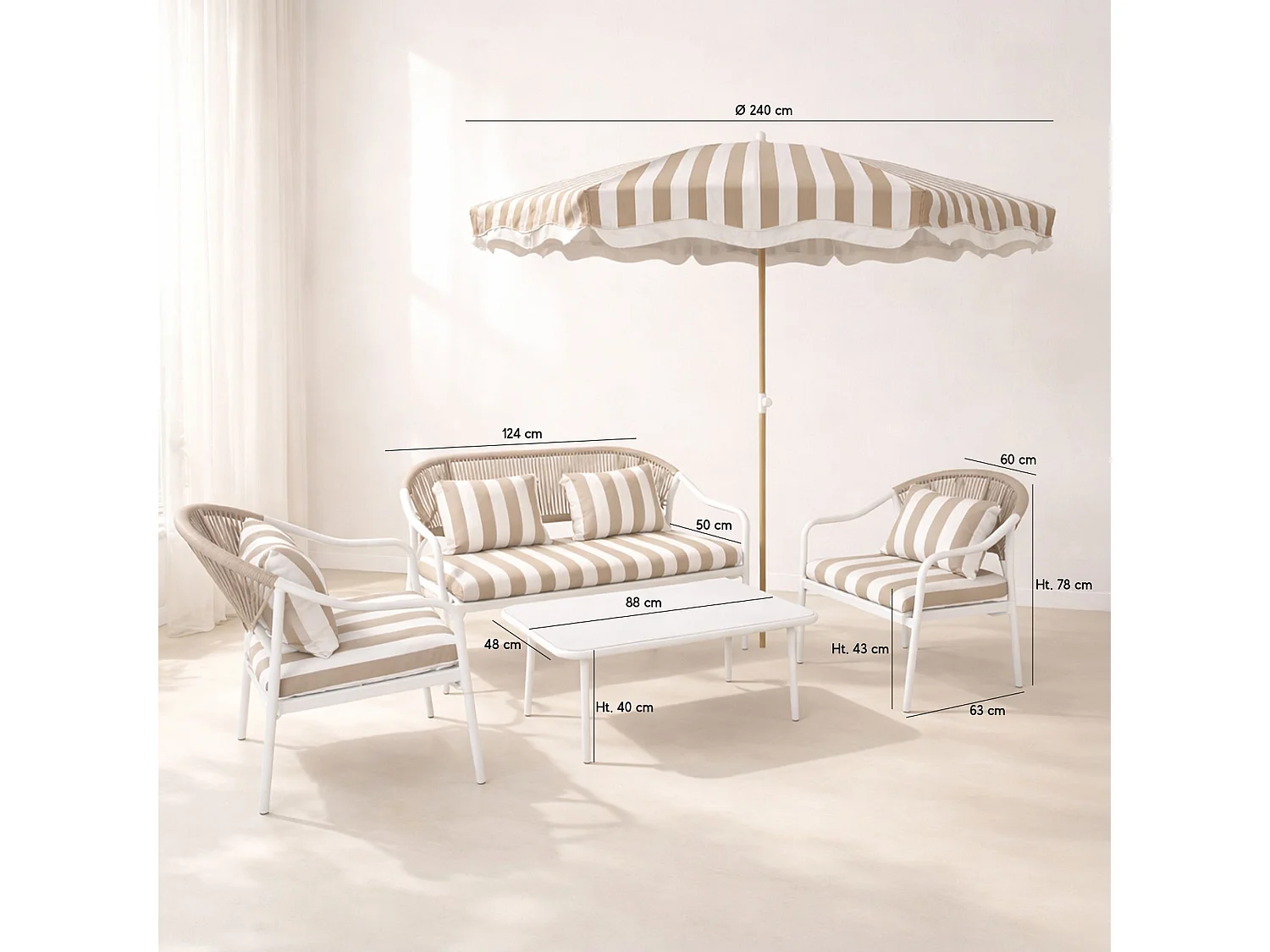 Now's Home - Ensemble Salon  Jardin En Acier  Avec Parasol Blanc Et Taupe Positano