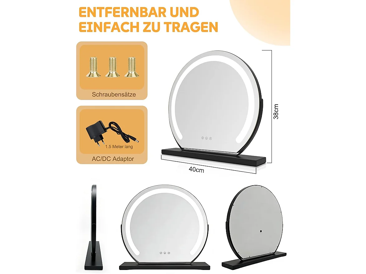 ZMH Miroir De Maquillage Hollywood 40×35Cm Miroir Noir Tactile 3000k-6500k Avec 3 Modes D'éclairage