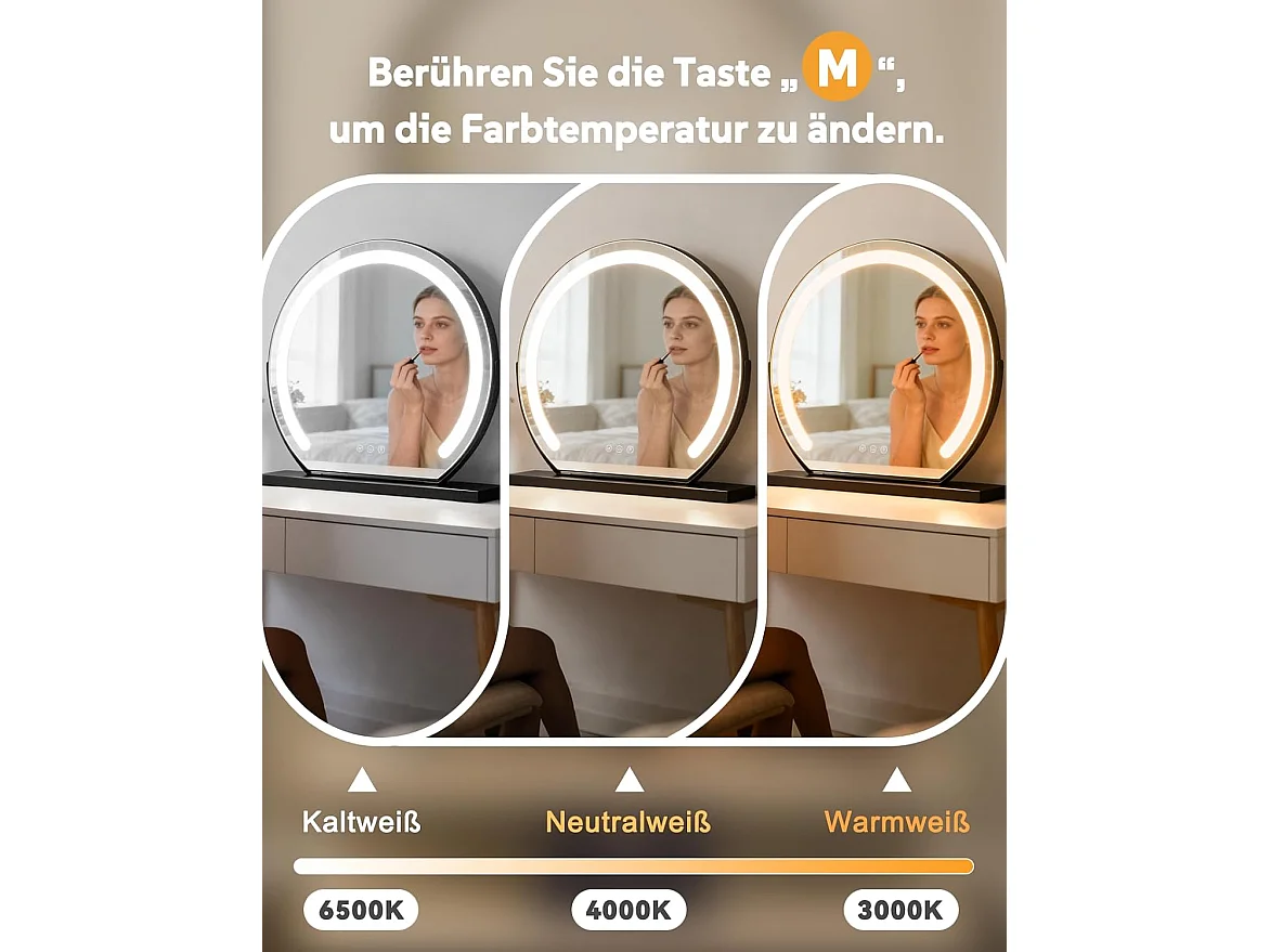 ZMH Miroir De Maquillage Hollywood 40×35Cm Miroir Noir Tactile 3000k-6500k Avec 3 Modes D'éclairage
