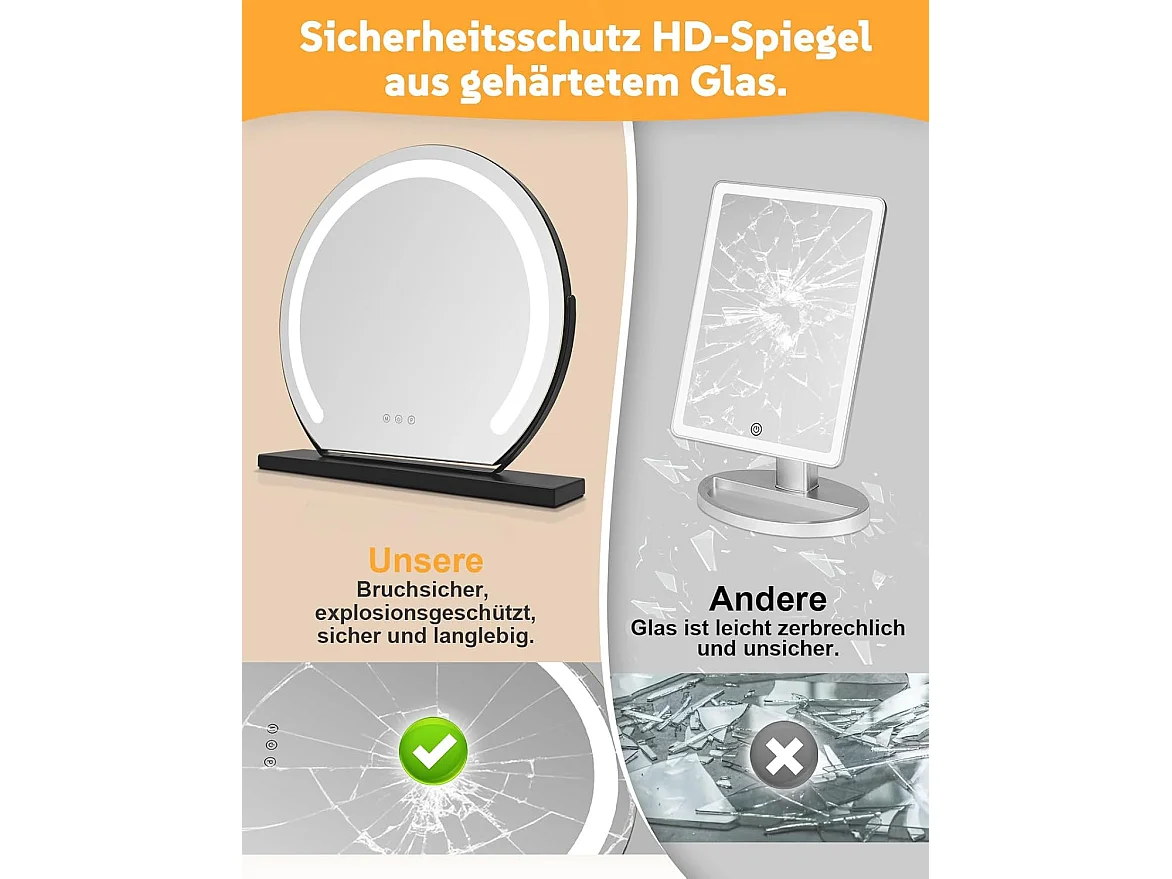 ZMH Miroir De Maquillage Hollywood 40×35Cm Miroir Noir Tactile 3000k-6500k Avec 3 Modes D'éclairage