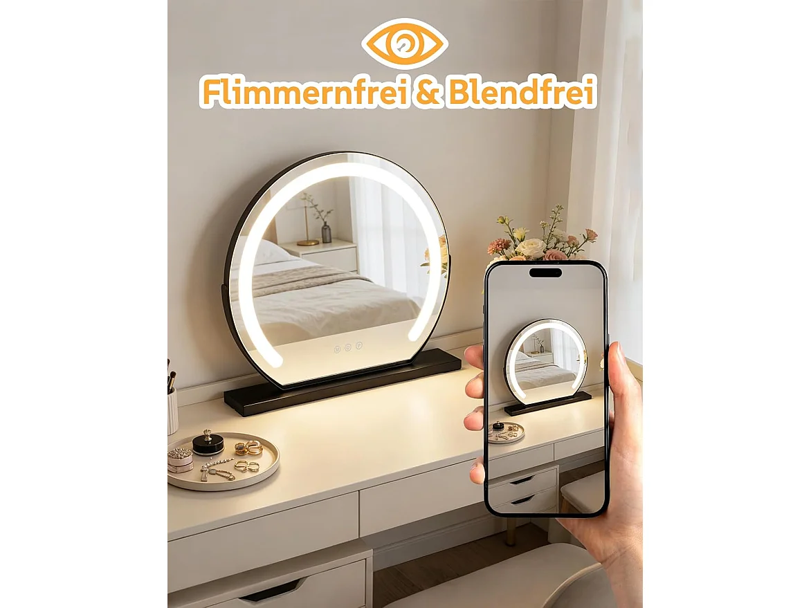 ZMH Miroir De Maquillage Hollywood 40×35Cm Miroir Noir Tactile 3000k-6500k Avec 3 Modes D'éclairage