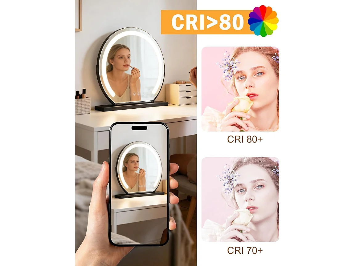 ZMH Miroir De Maquillage Hollywood 40×35Cm Miroir Noir Tactile 3000k-6500k Avec 3 Modes D'éclairage