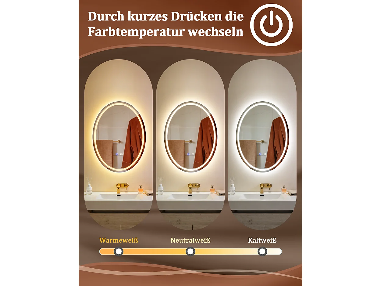 ZMH Miroir de salle de bain ovale LED 60x80cm mural IP44 tactile antibuée dimmable 3000K-6500K