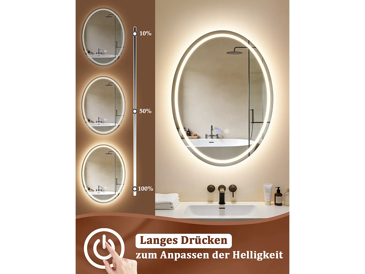 ZMH Miroir de salle de bain ovale LED 60x80cm mural IP44 tactile antibuée dimmable 3000K-6500K