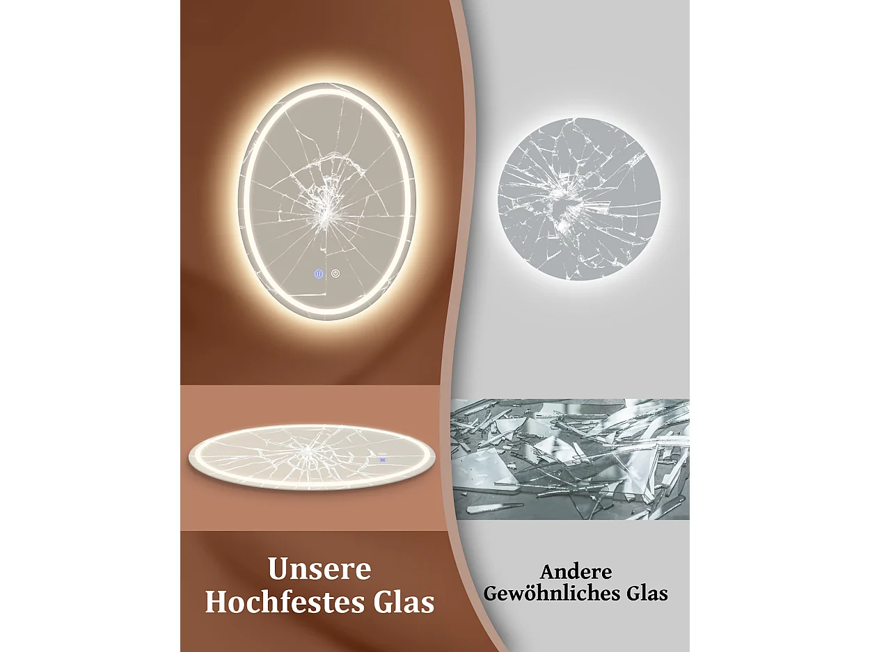 ZMH Miroir de salle de bain ovale LED 60x80cm mural IP44 tactile antibuée dimmable 3000K-6500K