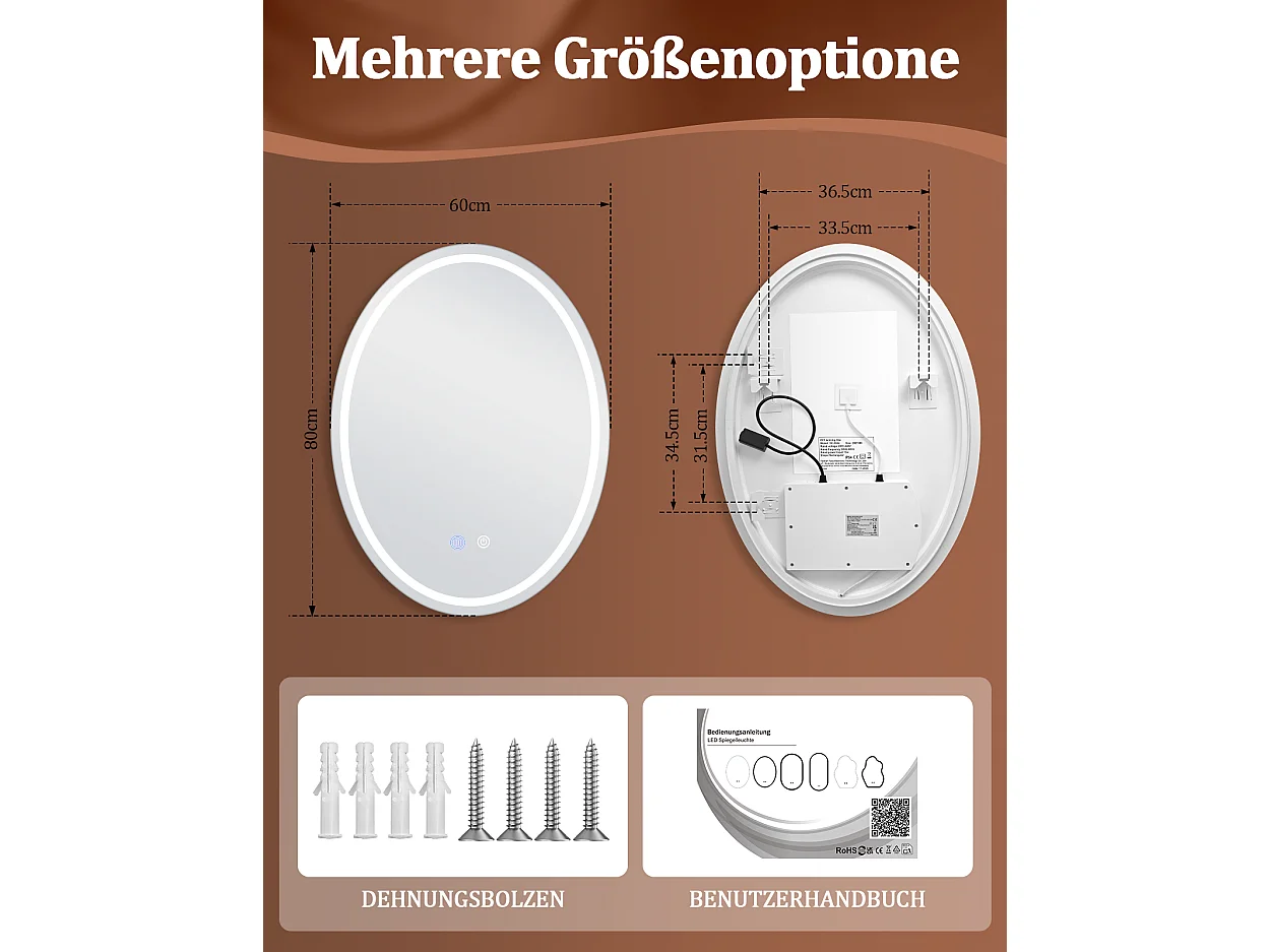 ZMH Miroir de salle de bain ovale LED 60x80cm mural IP44 tactile antibuée dimmable 3000K-6500K