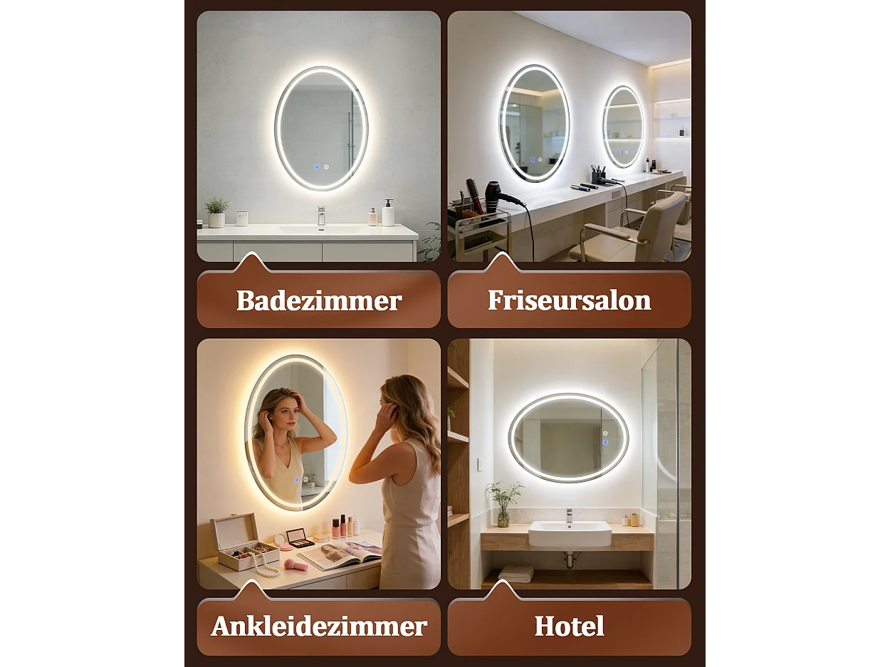 ZMH Miroir de salle de bain ovale LED 60x80cm mural IP44 tactile antibuée dimmable 3000K-6500K