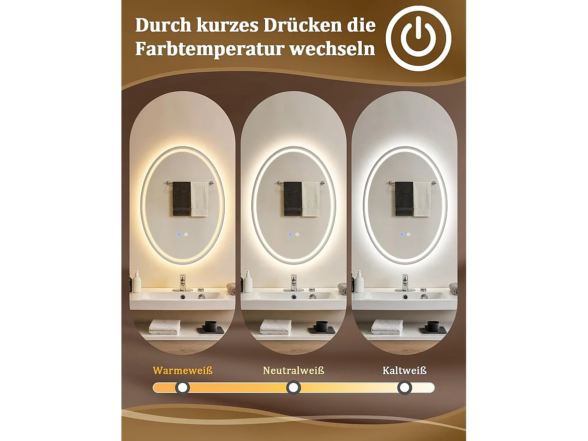 ZMH Miroir de salle de bain ovale avec éclairage LED 50x70cm mural IP44 tactile antibuée dimmable 3000K-6500K
